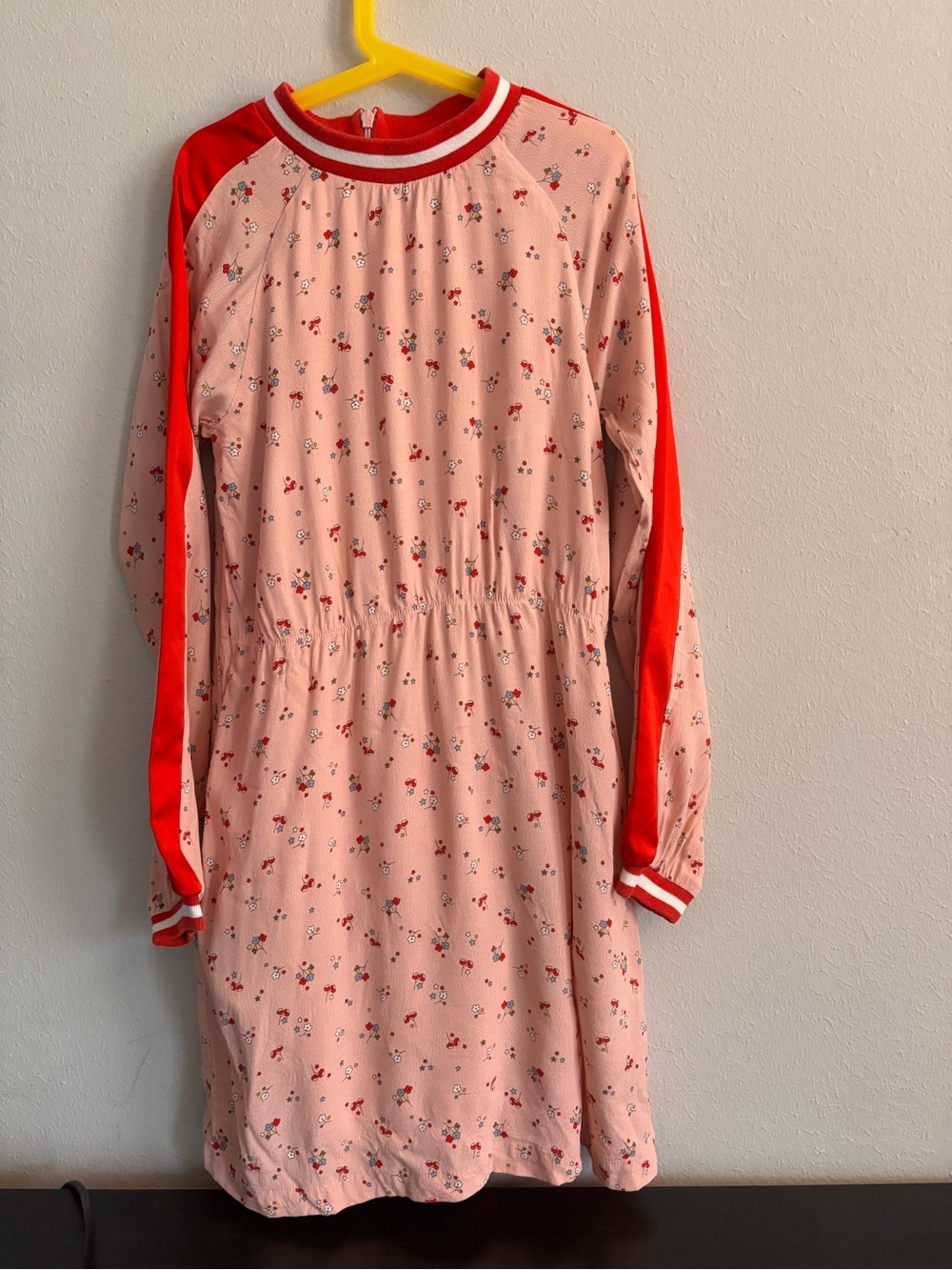 Boden 11-12y Girls Light Pink Floral Long Sleeve Dress with Red Trim